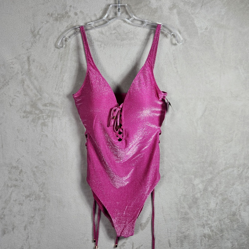Bar III One Piece Swimsuit Womens Medium‎ Pink Shimmer Lace Up Sides Glam Beach